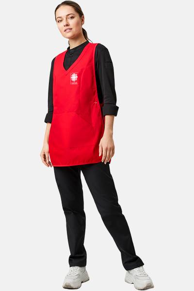 Überwurfschürze Zyra - speziell für die Caritas, Farbe: rot, Größe: I ( 36-42 ) mit Druck des Logos der Caritas auf der Brust