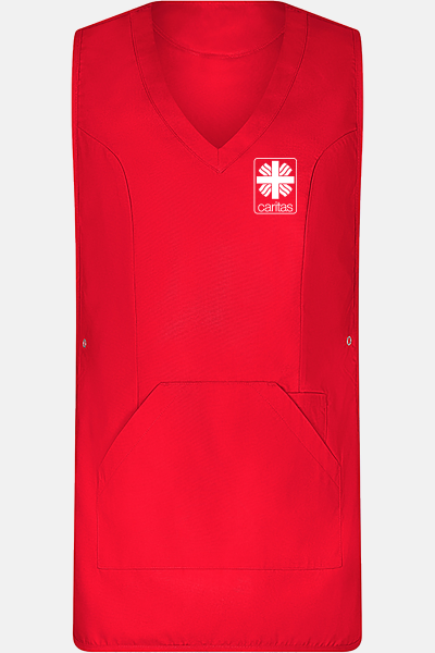 Überwurfschürze Zyra - speziell für die Caritas, Farbe: rot, Größe: I ( 36-42 ) mit Druck des Logos der Caritas auf der Brust