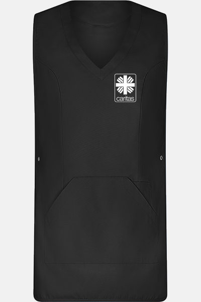 Überwurfschürze Zyra - speziell für die Caritas, Farbe: schwarz, Größe: I ( 36-42 ) mit Druck des Logos der Caritas auf der Brust