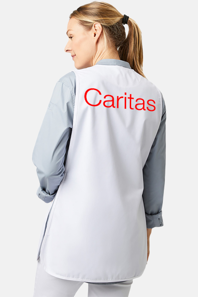Überwurfschürze Zyra - speziell für die Caritas, Farbe: weiß, Größe: I ( 36-42 ) mit Druck des Logos der Caritas auf der Brust