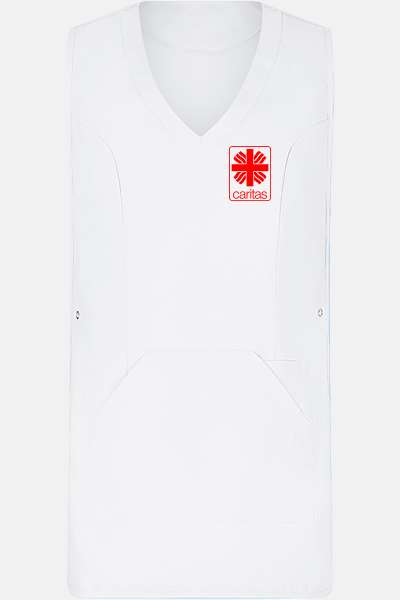 Überwurfschürze Zyra - speziell für die Caritas, Farbe: weiß, Größe: I ( 36-42 ) mit Druck des Logos der Caritas auf der Brust