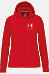 Caritas Kapuzensweatshirtjacke Andrea, tailliert geschnitten, Farbe: rot, Größe: XS mit Druck des Logos der Caritas auf der Brust