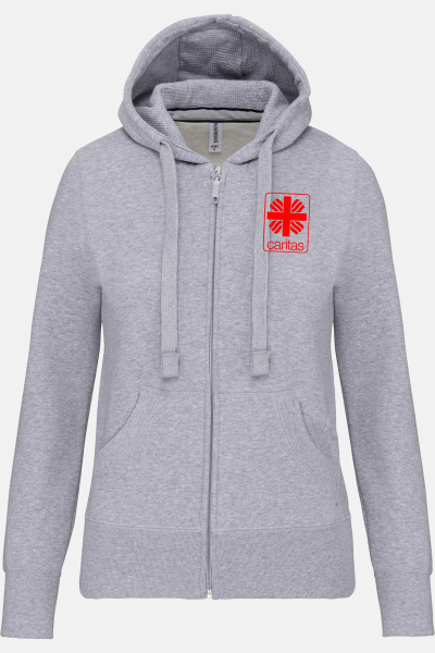 Caritas Kapuzensweatshirtjacke Andrea, tailliert geschnitten, Farbe: grau-meliert, Größe: XS mit Druck des Logos der Caritas auf der Brust