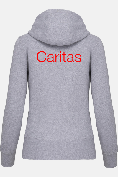 Caritas Kapuzensweatshirtjacke Andrea, tailliert geschnitten, Farbe: grau-meliert, Größe: XS mit Druck des Logos der Caritas auf der Brust