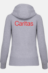 Caritas Kapuzensweatshirtjacke Andrea, tailliert geschnitten, Farbe: grau-meliert, Größe: XS mit Druck des Logos der Caritas auf der Brust