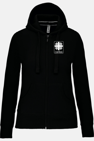 Caritas Kapuzensweatshirtjacke Andrea, tailliert geschnitten, Farbe: schwarz, Größe: XS mit Druck des Logos der Caritas auf der Brust