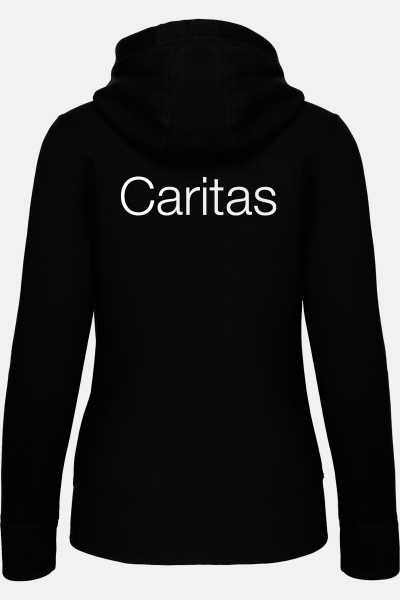 Caritas Kapuzensweatshirtjacke Andrea, tailliert geschnitten, Farbe: schwarz, Größe: XS mit Druck des Logos der Caritas auf der Brust