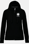 Caritas Kapuzensweatshirtjacke Andrea, tailliert geschnitten, Farbe: schwarz, Größe: XS mit Druck des Logos der Caritas auf der Brust