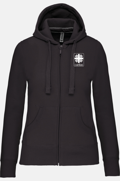Caritas Kapuzensweatshirtjacke Andrea, tailliert geschnitten, Farbe: anthrazit, Größe: XS mit Druck des Logos der Caritas auf der Brust