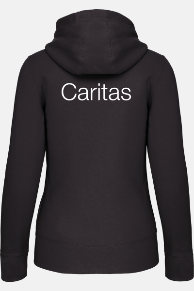 Caritas Kapuzensweatshirtjacke Andrea, tailliert geschnitten, Farbe: anthrazit, Größe: XS mit Druck des Logos der Caritas auf der Brust