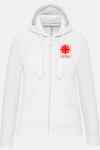 Caritas Kapuzensweatshirtjacke Andrea, tailliert geschnitten, Farbe: weiß, Größe: XS mit Druck des Logos der Caritas auf der Brust