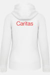 Caritas Kapuzensweatshirtjacke Andrea, tailliert geschnitten, Farbe: weiß, Größe: XS mit Druck des Logos der Caritas auf der Brust