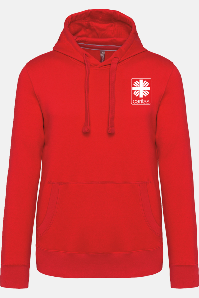Hoodie Teyran - speziell für die Caritas, Farbe: rot, Größe: XS mit Druck des Logos der Caritas auf der Brust