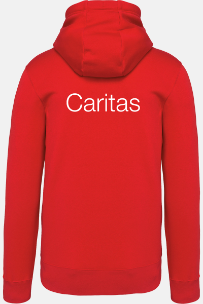 Hoodie Teyran - speziell für die Caritas, Farbe: rot, Größe: XS mit Druck des Logos der Caritas auf der Brust
