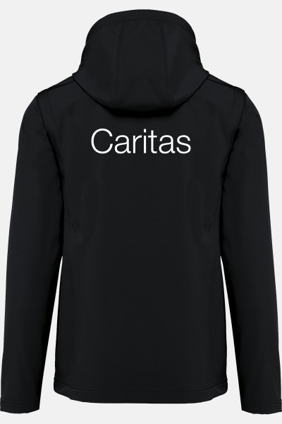 Unisex-Softshelljacke Felan - speziell für die Caritas, Farbe: schwarz, Größe: XS mit Druck des Logos der Caritas auf der Brust
