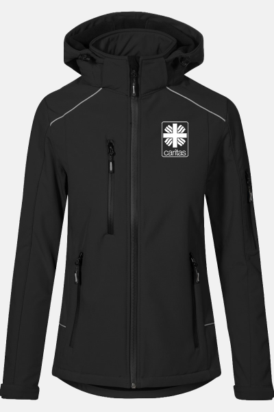 Softshelljacke Kaelora, tailliert geschnitten, Farbe: schwarz, Größe: S mit Druck des Logos der Caritas auf der Brust