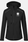 Softshelljacke Kaelora, tailliert geschnitten, Farbe: schwarz, Größe: S mit Druck des Logos der Caritas auf der Brust