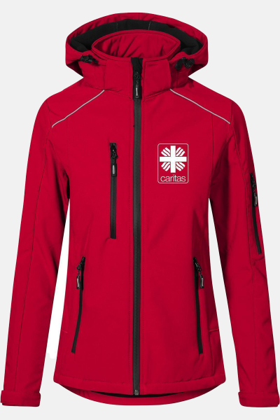 Softshelljacke Kaelora, tailliert geschnitten, Farbe: rot, Größe: S mit Druck des Logos der Caritas auf der Brust