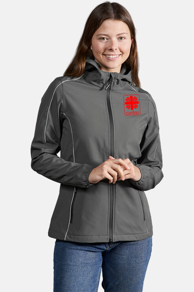Caritas Softshelljacke Ulrike , tailliert geschnitten, Farbe: grau, Größe: S mit Druck des Logos der Caritas auf der Brust