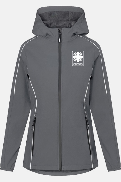 Caritas Softshelljacke Ulrike , tailliert geschnitten, Farbe: grau, Größe: S mit Druck des Logos der Caritas auf der Brust