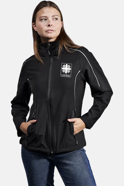 Caritas Softshelljacke Ulrike , tailliert geschnitten, Farbe: schwarz, Größe: S mit Druck des Logos der Caritas auf der Brust