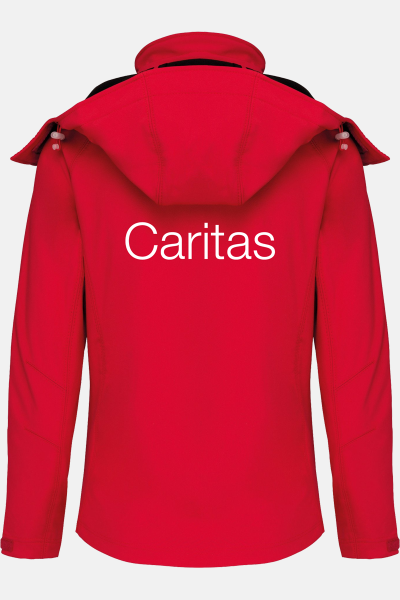 Caritas Softshelljacke Merle, tailliert geschnitten, Farbe: rot, Größe: S mit Druck des Logos der Caritas auf der Brust