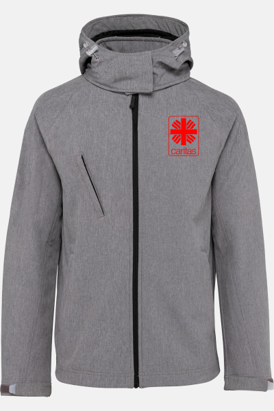 Caritas Softshelljacke Merle, tailliert geschnitten, Farbe: grau-meliert, Größe: S mit Druck des Logos der Caritas auf der Brust