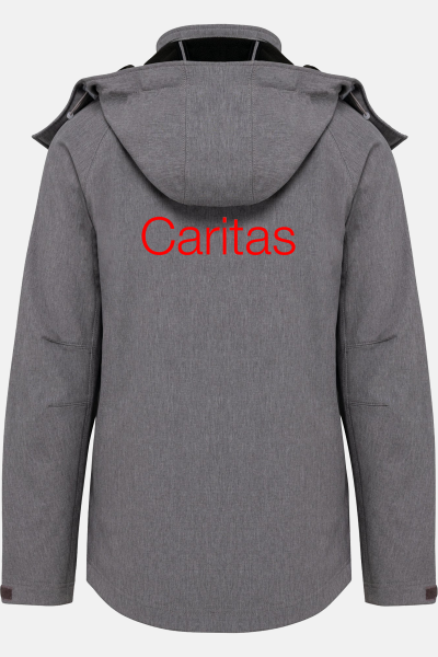Caritas Softshelljacke Merle, tailliert geschnitten, Farbe: grau-meliert, Größe: S mit Druck des Logos der Caritas auf der Brust