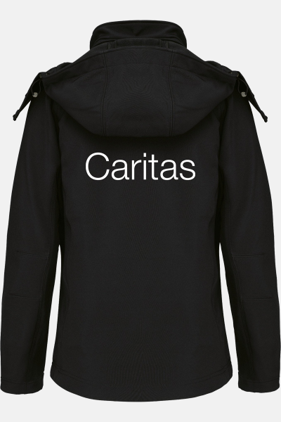 Caritas Softshelljacke Merle, tailliert geschnitten, Farbe: schwarz, Größe: S mit Druck des Logos der Caritas auf der Brust