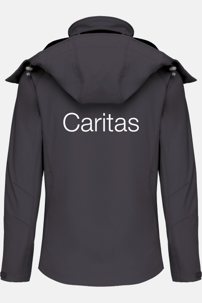 Caritas Softshelljacke Merle, tailliert geschnitten, Farbe: anthrazit, Größe: S mit Druck des Logos der Caritas auf der Brust