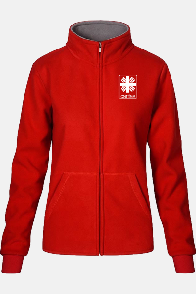 Caritas Fleecejacke Nadja , tailliert geschnitten, Farbe: rot, Größe: XS mit Stick des Logos der Caritas auf der Brust