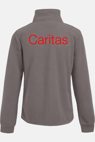 Caritas Fleecejacke Nadja , tailliert geschnitten, Farbe: grau, Größe: XS mit Stick des Logos der Caritas auf der Brust