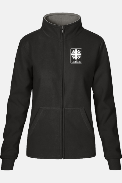 Caritas Fleecejacke Nadja , tailliert geschnitten, Farbe: anthrazit, Größe: XS mit Stick des Logos der Caritas auf der Brust