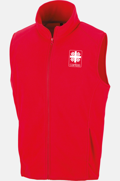 Unisex-Fleeceweste Qinn - speziell für die Caritas, Farbe: rot, Größe: XS mit Stick des Logos der Caritas auf der Brust
