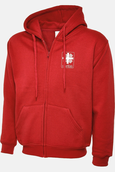 Sweatshirtjacke Rynor - speziell für die Caritas, Farbe: rot, Größe: XS mit Druck des Logos der Caritas auf der Brust