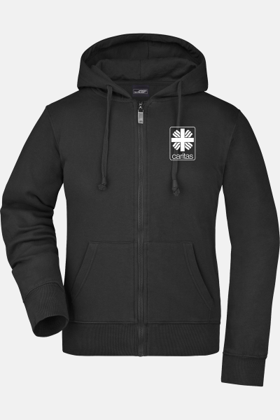 Caritas Kapuzenjacke Serina, tailliert geschnitten, Farbe: schwarz, Größe: S mit Druck des Logos der Caritas auf der Brust