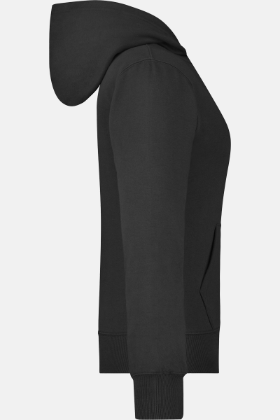 Caritas Kapuzenjacke Serina, tailliert geschnitten, Farbe: schwarz, Größe: S mit Druck des Logos der Caritas auf der Brust