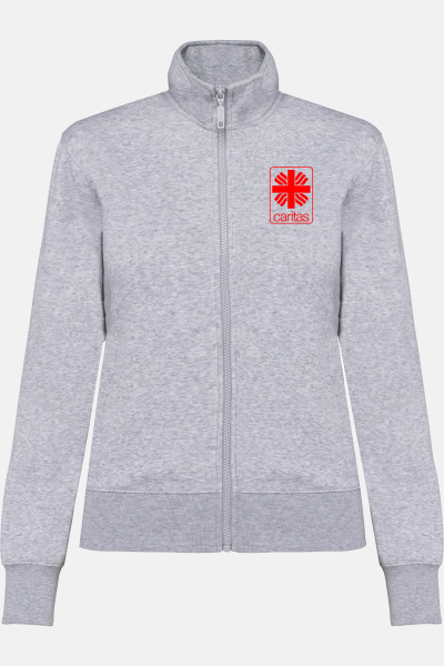 Caritas Sweatshirtjacke Michaela, tailliert geschnitten, Farbe: asche, Größe: XS mit Druck des Logos der Caritas auf der Brust