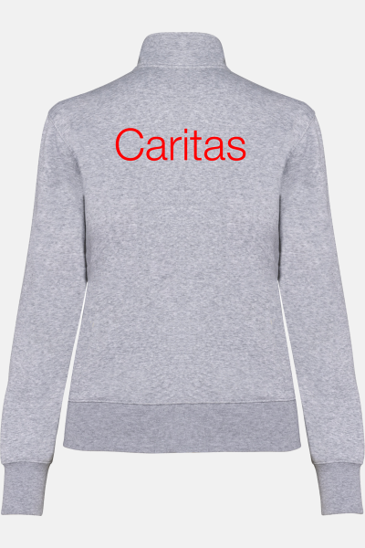 Caritas Sweatshirtjacke Michaela, tailliert geschnitten, Farbe: asche, Größe: XS mit Druck des Logos der Caritas auf der Brust