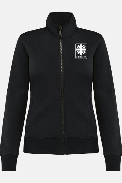 Caritas Sweatshirtjacke Michaela, tailliert geschnitten, Farbe: schwarz, Größe: XS mit Druck des Logos der Caritas auf der Brust