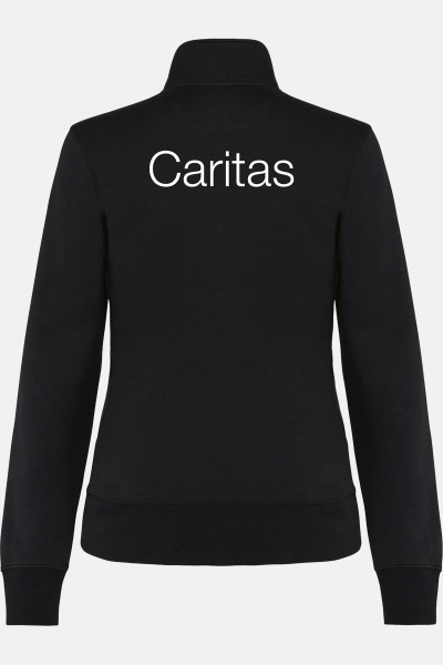 Caritas Sweatshirtjacke Michaela, tailliert geschnitten, Farbe: schwarz, Größe: XS mit Druck des Logos der Caritas auf der Brust