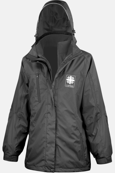 Caritas 3-in-1-Jacke Kalenna, tailliert geschnitten, Farbe: schwarz, Größe: XS mit Druck des Logos der Caritas auf der Brust