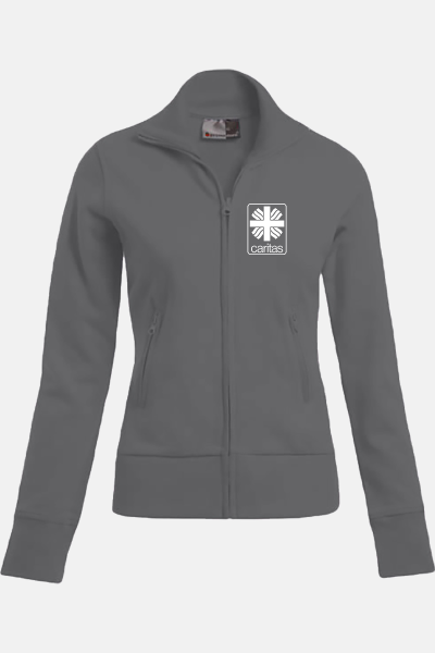 Caritas Stehkragenjacke Enisa, tailliert geschnitten, Farbe: grau, Größe: XS mit Druck des Logos der Caritas auf der Brust