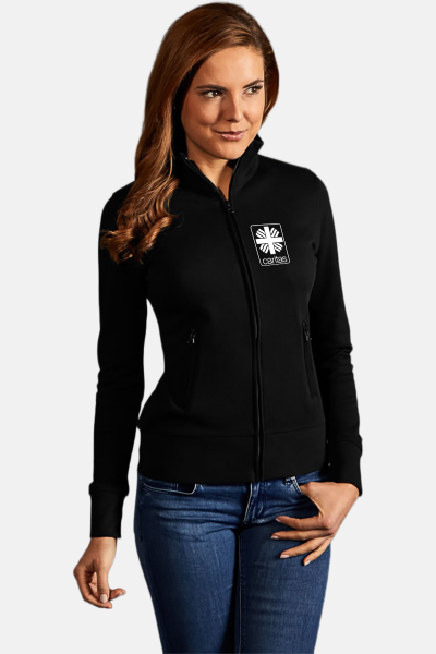 Caritas Stehkragenjacke Enisa, tailliert geschnitten, Farbe: schwarz, Größe: XS mit Druck des Logos der Caritas auf der Brust