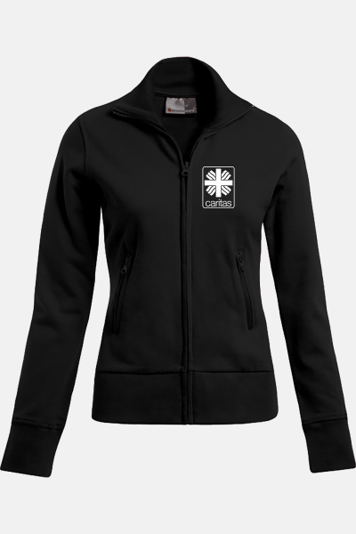 Caritas Stehkragenjacke Enisa, tailliert geschnitten, Farbe: schwarz, Größe: XS mit Druck des Logos der Caritas auf der Brust