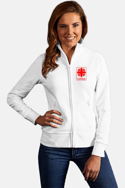 Caritas Stehkragenjacke Enisa, tailliert geschnitten, Farbe: weiß, Größe: XS mit Druck des Logos der Caritas auf der Brust
