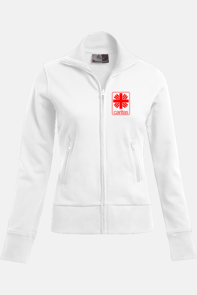 Caritas Stehkragenjacke Enisa, tailliert geschnitten, Farbe: weiß, Größe: XS mit Druck des Logos der Caritas auf der Brust