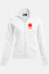 Caritas Stehkragenjacke Enisa, tailliert geschnitten, Farbe: weiß, Größe: XS mit Druck des Logos der Caritas auf der Brust