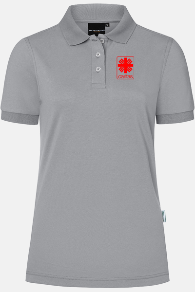 Poloshirt Tarona - speziell für die Caritas, tailliert geschnitten, Farbe: grau, Größe: XS mit Druck des Logos der Caritas auf der Brust