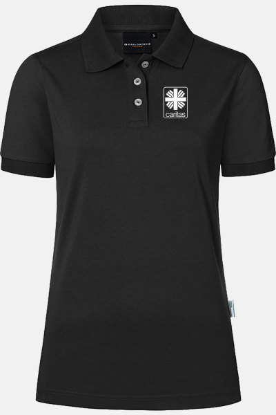 Poloshirt Tarona - speziell für die Caritas, tailliert geschnitten, Farbe: schwarz, Größe: XS mit Druck des Logos der Caritas auf der Brust
